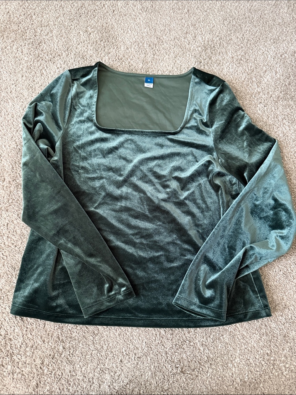 Velvet Square-Neck Long Sleeve Top - Green